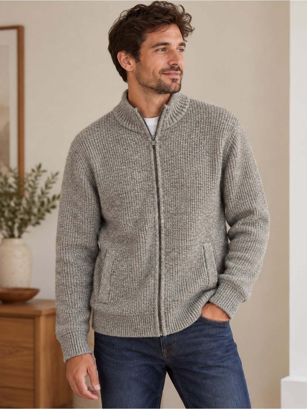 Classic Grey Full Zip Up Wool Blend Ribbed Sweater Jacket Grey Small Oversized